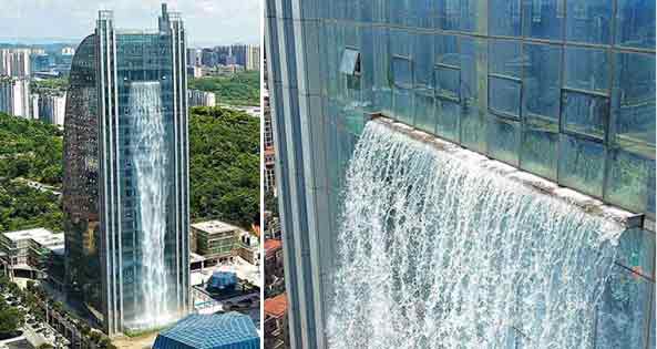 Китайские строители создали невероятный водопад на небоскребе.