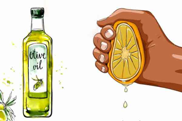 Выжмите 1 лимон, смешайте с столовой ложкой оливкового масла